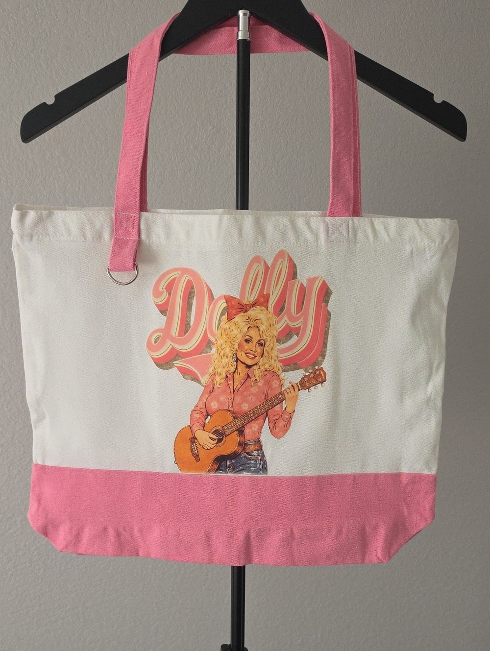 White and Pink Canvas Tote with Dolly Guitar Graphic